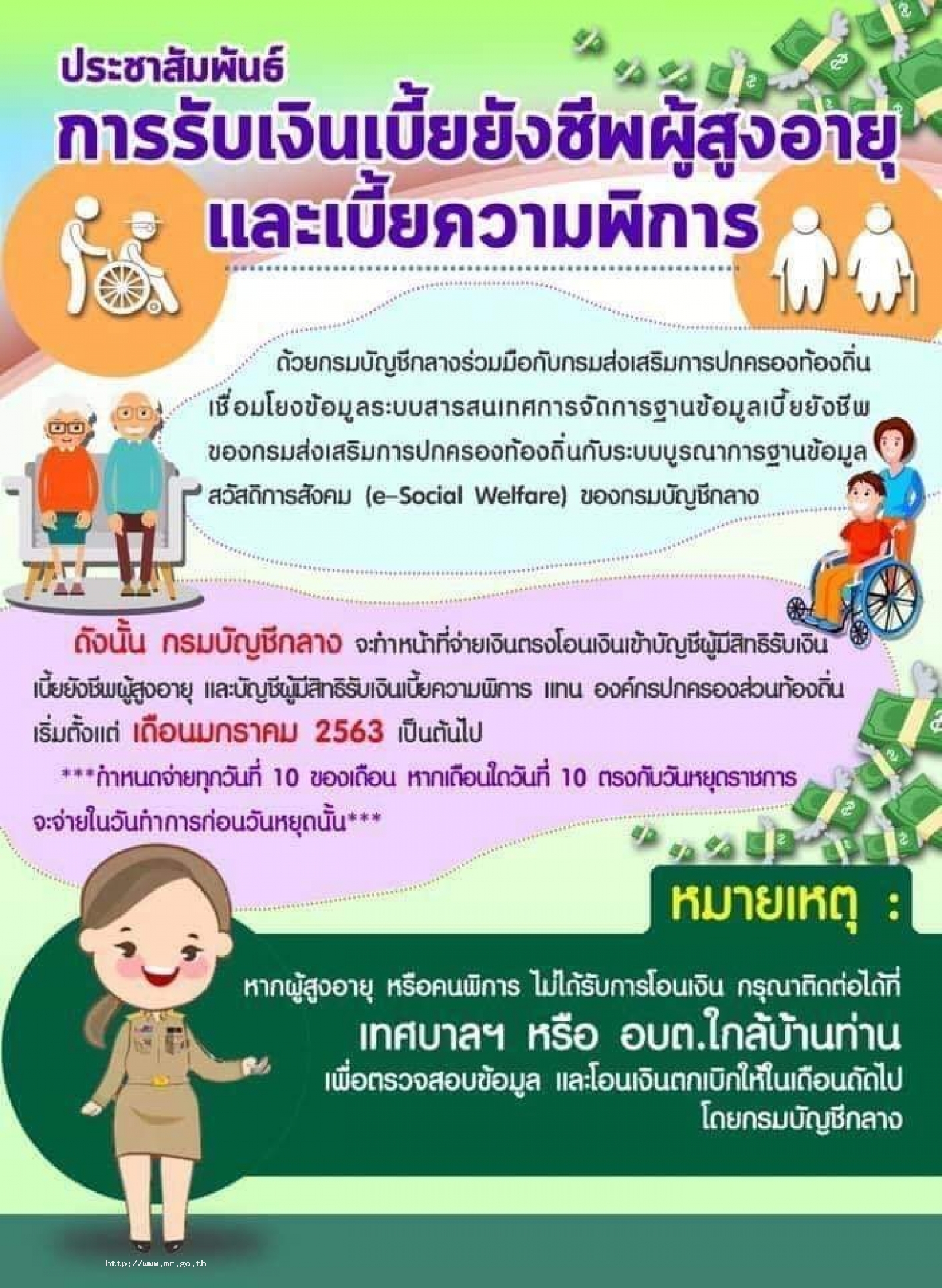 การรับเงินเบี้ยยังชีพผู้สูงอายุและเบี้ยความพิการ เริ่มเดือนมกราคม 2563